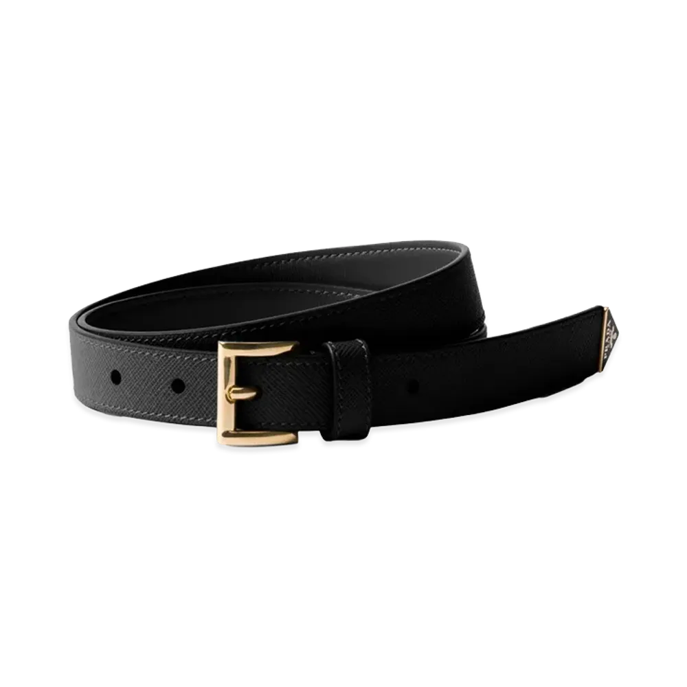 PRADA Women's Saffiano Leather Belt With Enameled Triangle Logo "Black"