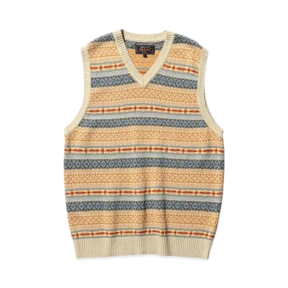 BEAMS Cotton (Linen) Vest Fair Isle Pattern "Beige"