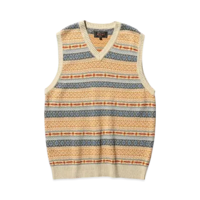 BEAMS Cotton (Linen) Vest Fair Isle Pattern "Beige"