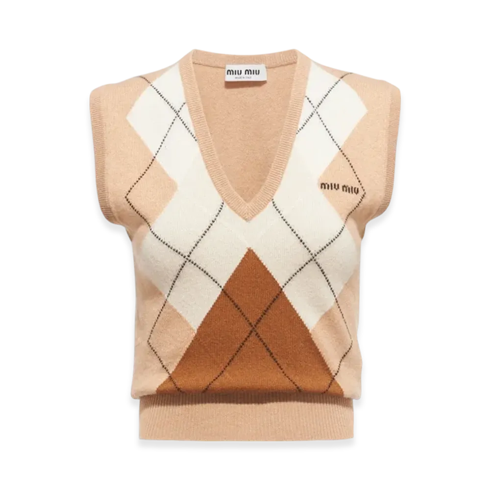 MIU MIU Women's Cropped Cashmere Vest "Camel Brown"