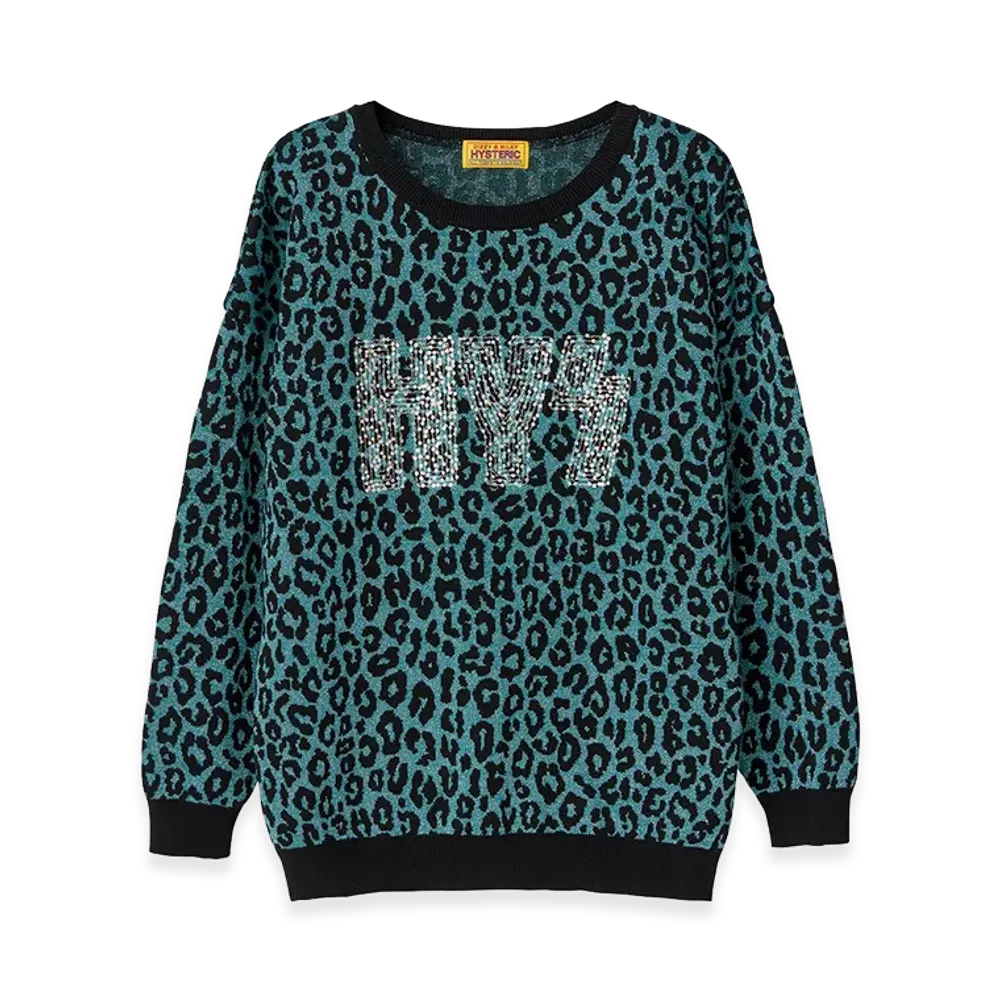 HYSTERIC GLAMOUR Women's HG Leopard Jacquard Pullover "Blue"