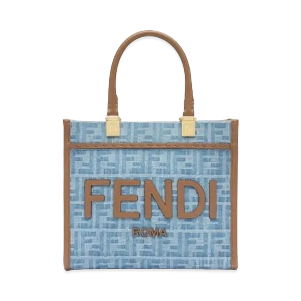 FENDI Sunshine Small FF Denim Fabric Shopper "Light Blue"