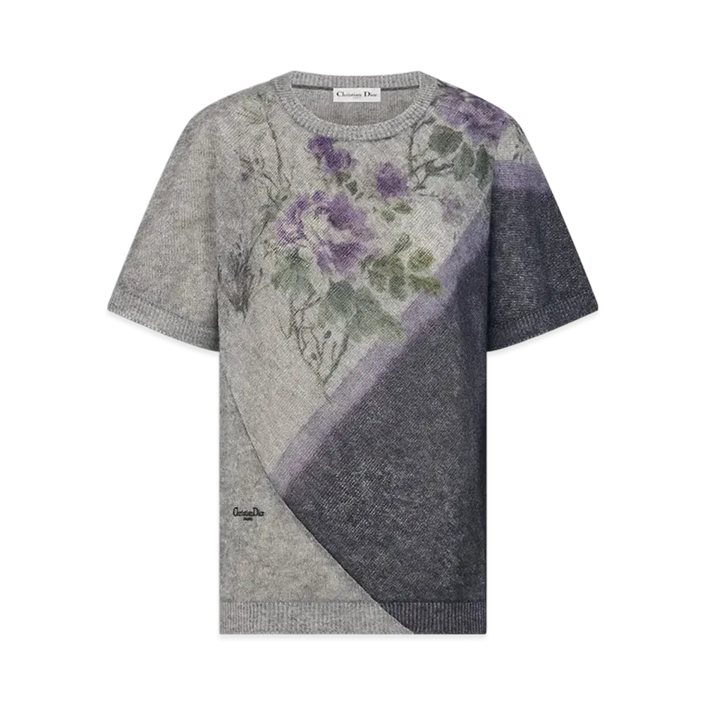 Dior Women's Short-Sleeved Sweater Mohair and Alpaca-Blend Knit with Dior Pivoine Motif "Multicolor/Gray"