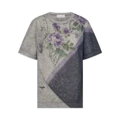 Dior Women's Short-Sleeved Sweater Mohair and Alpaca-Blend Knit with Dior Pivoine Motif "Multicolor/Gray"