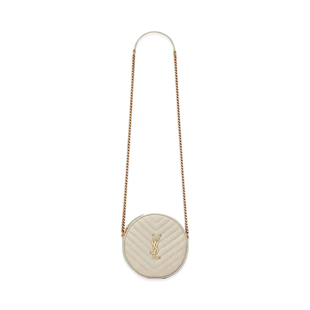 Saint Laurent Vinyle Round Camera Bag In Chevron-Quilted Grain De Poudre Embossed Leather "Vintage White"