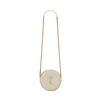 Saint Laurent Vinyle Round Camera Bag In Chevron-Quilted Grain De Poudre Embossed Leather "Vintage White"