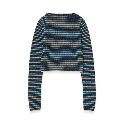 AURALEE Women's Shetland Wool Cashmere Rib Knit Boat-Neck P/O "Navy Stripe"