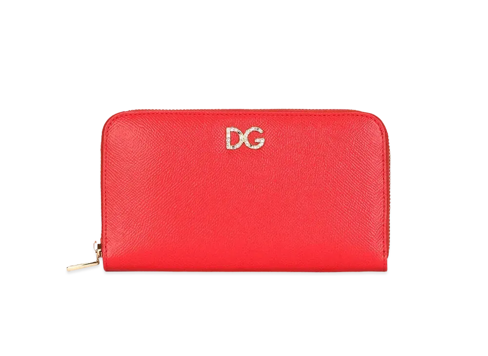 Dolce&Gabbana Zip Around Wallet Dauphine Calfskin DG Rhinestone "Red"