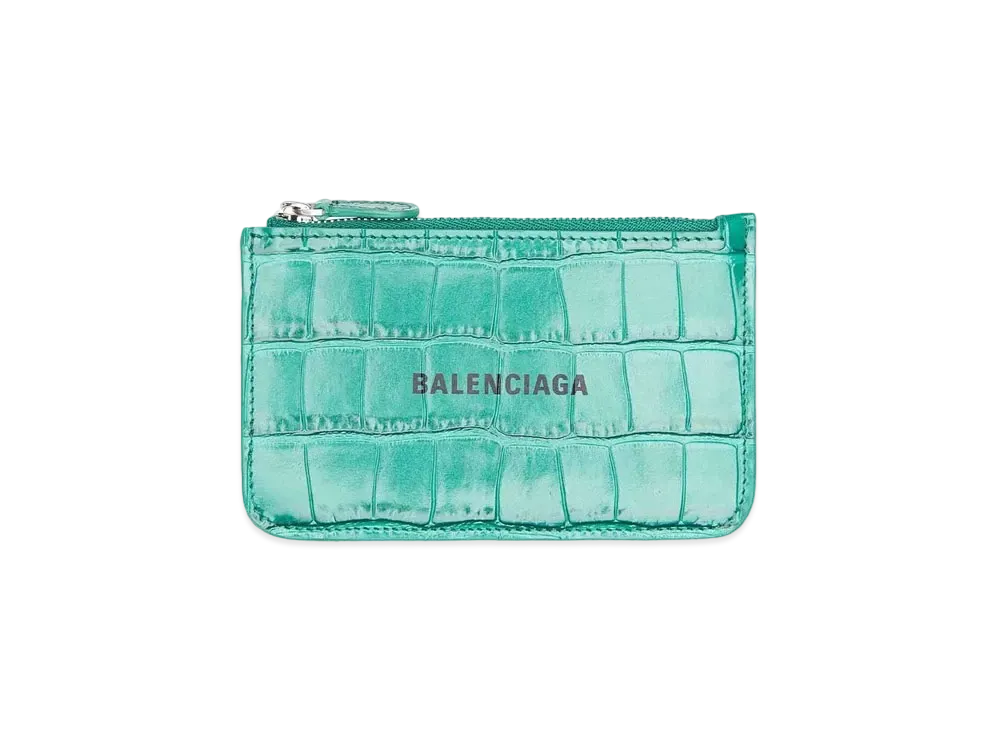 BALENCIAGA Cash Large Long Coin & Card Holder Metallic Crocodile Press "Green"