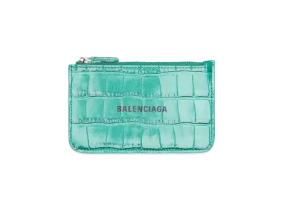 BALENCIAGA Cash Large Long Coin & Card Holder Metallic Crocodile Press "Green"