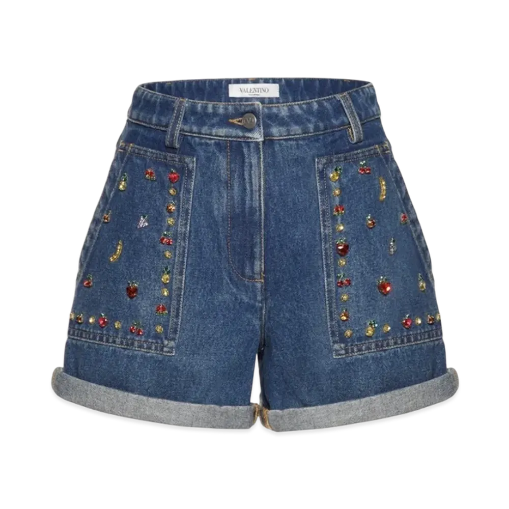 Valentino Embroidered Denim Shorts Fruits "Indigo"