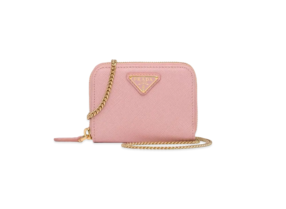 PRADA Saffiano Leather Card Holder With Shoulder Strap "Pink"