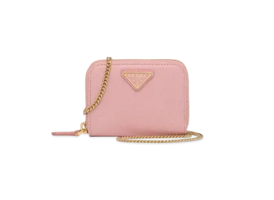 PRADA Saffiano Leather Card Holder With Shoulder Strap "Pink"