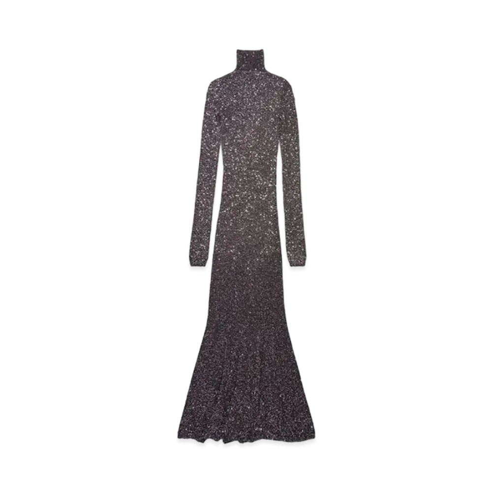 BALENCIAGA Women's Maxi Dress In Shiny Sequined Viscose Knit "Black/Silver"