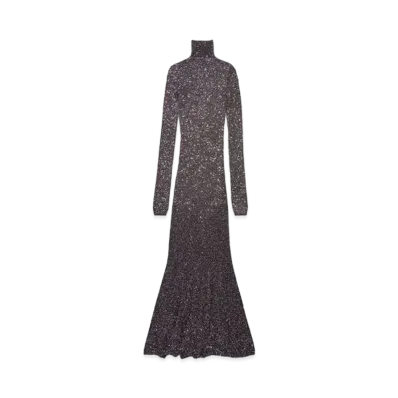 BALENCIAGA Women's Maxi Dress In Shiny Sequined Viscose Knit "Black/Silver"
