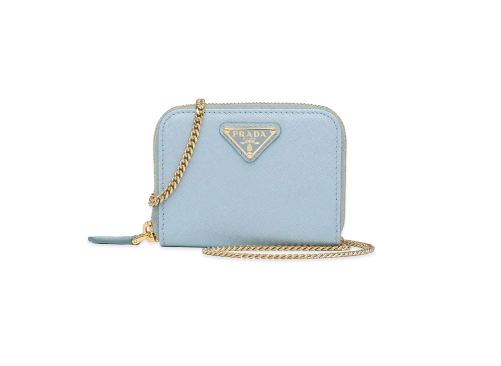 PRADA Saffiano Leather Card Holder With Shoulder Strap "Sky Blue"