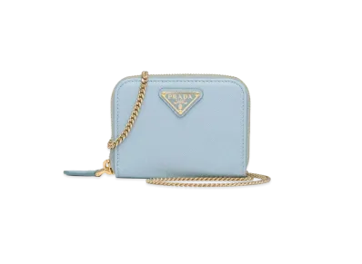 PRADA Saffiano Leather Card Holder With Shoulder Strap "Sky Blue"