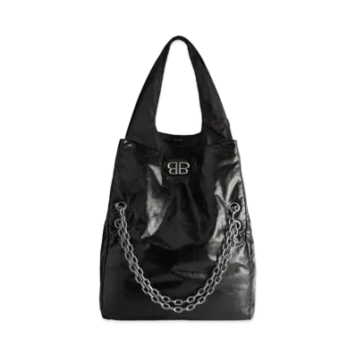 BALENCIAGA Monaco Large Chain Bag Plus in Arena Calfskin and Nylon with Aged-Silver Hardware "Black"