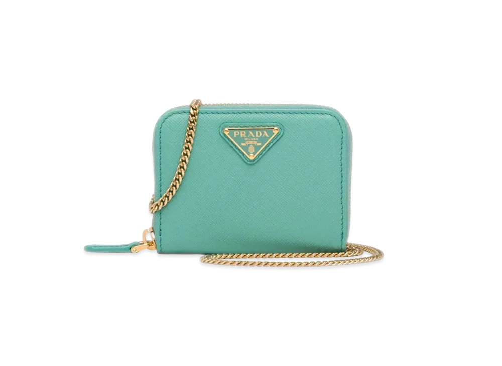 PRADA Saffiano Leather Card Holder With Shoulder Strap "Emerald Green"