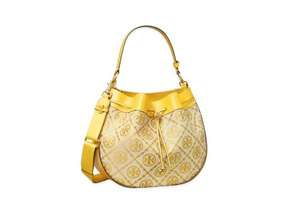Tory Burch T Monogram Jacquard Drawstring Shoulder Bag "Gold Finch"