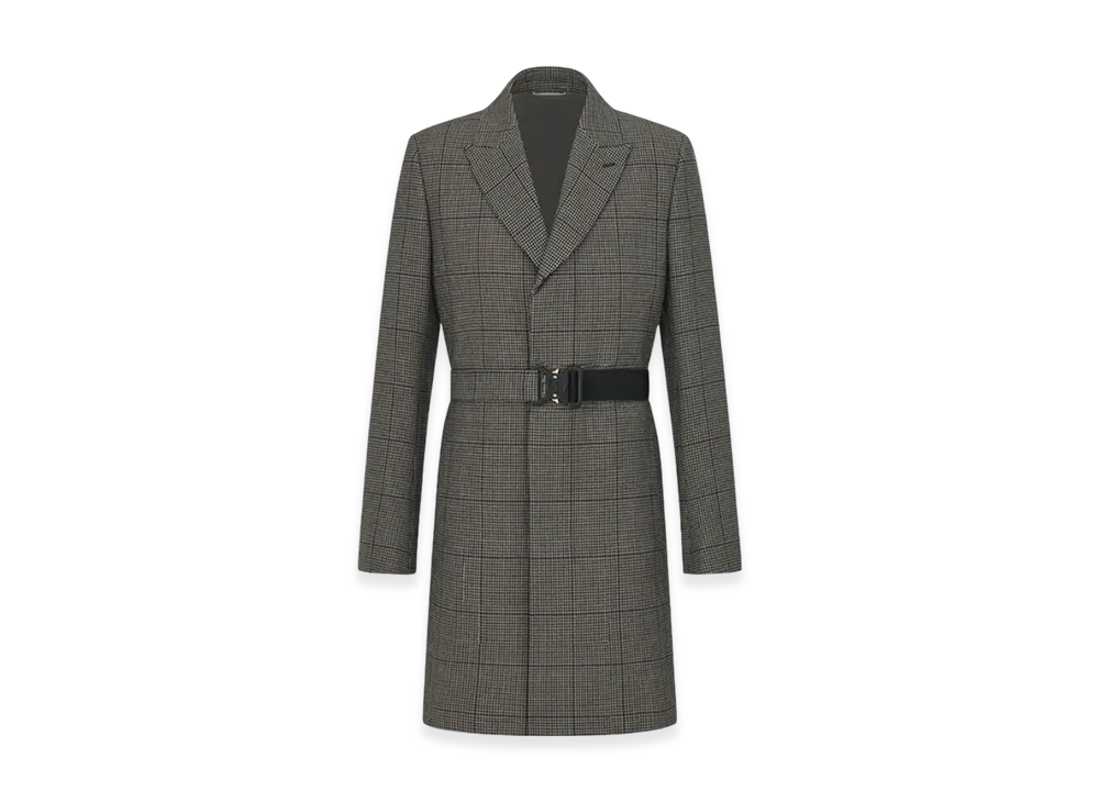 Dior CD Buckle Belted Coat Wool Twill with Checks and Houndstooth Motif "Brown"