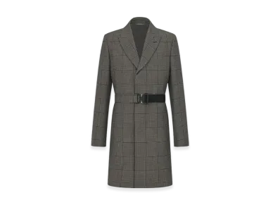 Dior CD Buckle Belted Coat Wool Twill with Checks and Houndstooth Motif "Brown"