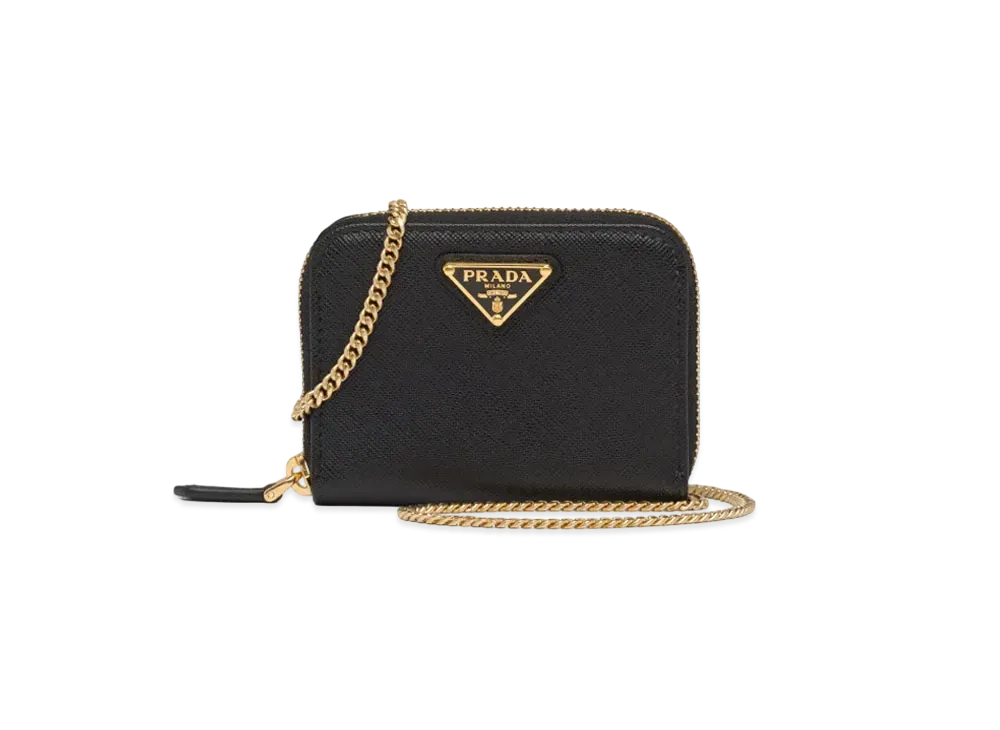 PRADA Saffiano Leather Card Holder With Shoulder Strap "Black"