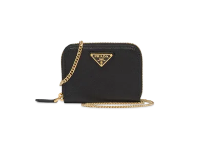 PRADA Saffiano Leather Card Holder With Shoulder Strap "Black"