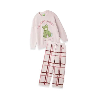 GELATO PIQUE x Mrs. GREEN APPLE Powder Jacquard Pullover & Baby Moco Check Long Pants Set "Pink"