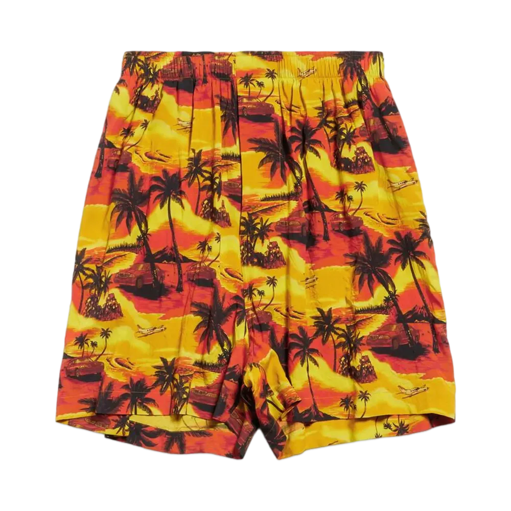 BALENCIAGA Men's Hawaiian Car Pyjama Shorts in Viscose Poplin "Orange"