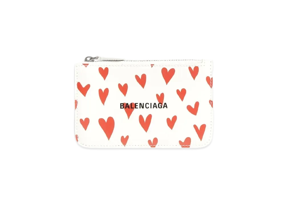 BALENCIAGA Valentine'S Day 22 Cash Large Long Coin & Card Holder Heart Print Shiny Smooth Carefskin "White"