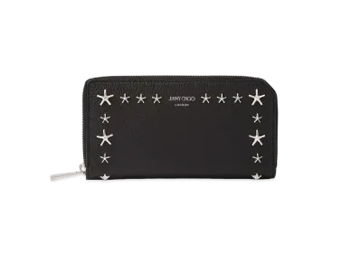 Jimmy Choo Pippa Soft Grainy Calf Leather Zipped Around Wallet With Stars Studs "Black"