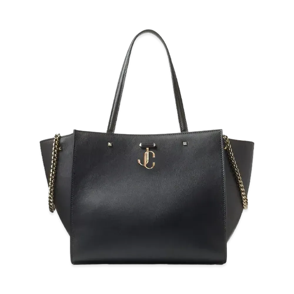 JIMMY CHOO VARENNE TOTE Light Gold JC Logo With Fine Shiny Curf Leather Tote Bag "Black"