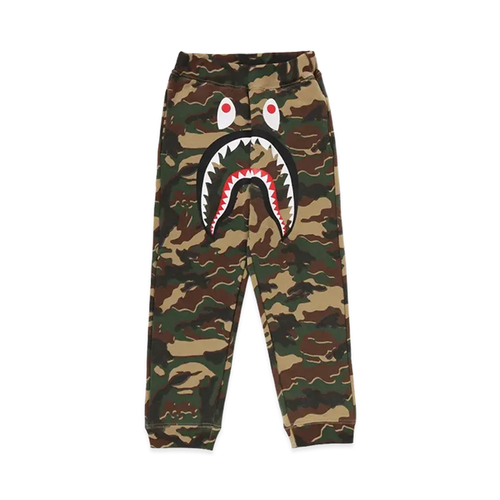 A BATHING APE Kids Glitch Woodland Camo Shark Sweat Pants "Green"