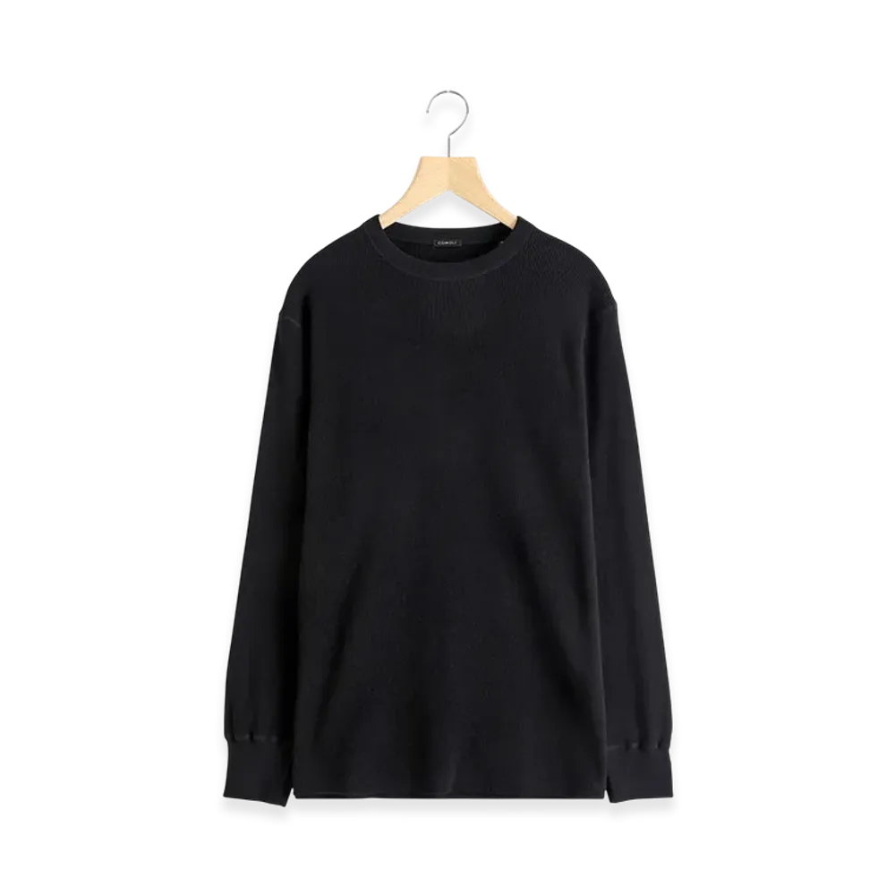 COMOLI Cotton Cashmere Waffle Long Sleeve Crew "Black"