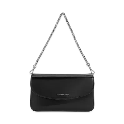 CHARLES & KEITH Kaia Metallic Front Flap Shoulder Bag "Noir"