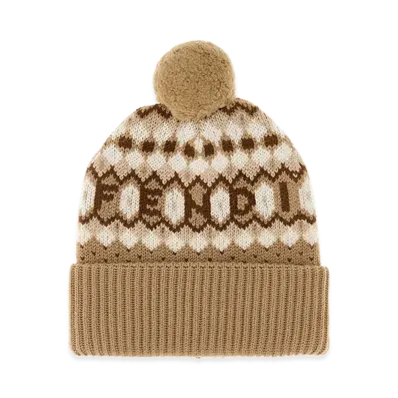 FENDI Women's Embroidered Wool Beanie Hat "Brown"