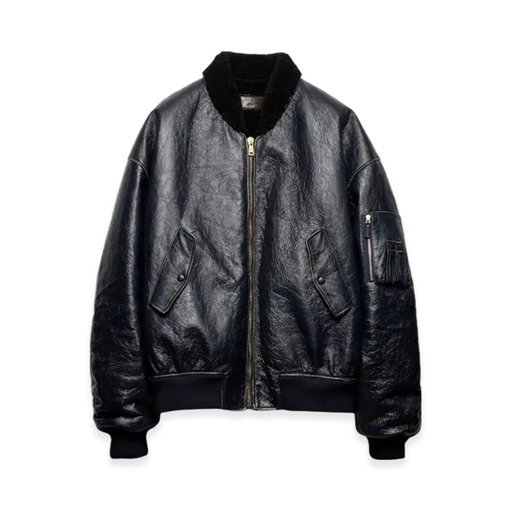 PRADA Nappa Leather and Shearling Oversized Bomber Jacket "Blue/Black"
