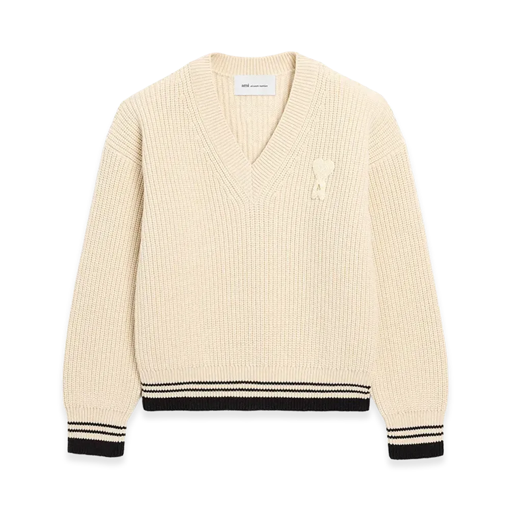 AMI PARIS Ribbed Wool V Neck Ami De Coeur Sweater "White"