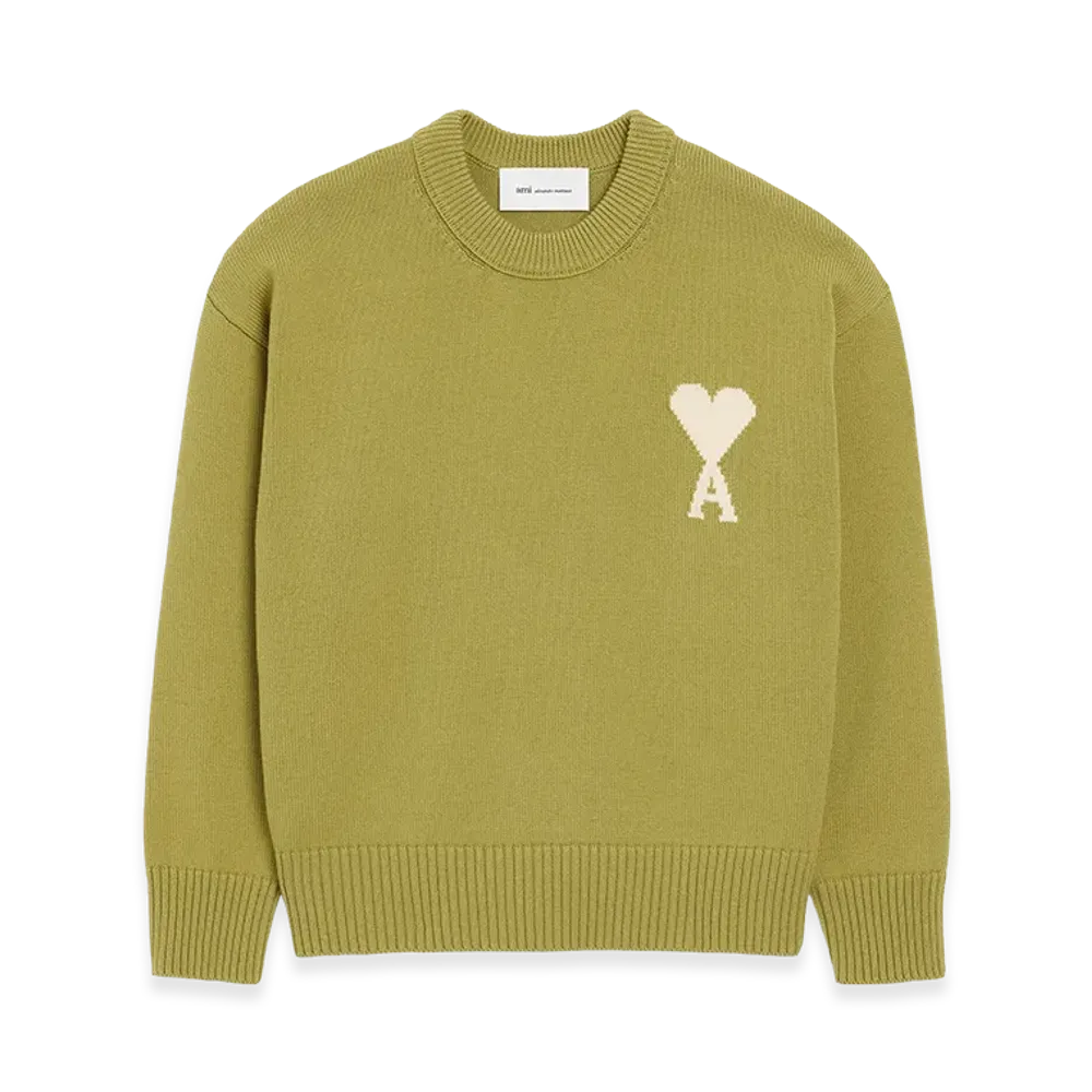 AMI PARIS Wool/Cotton Crewneck Ami De Coeur Sweater "Green"