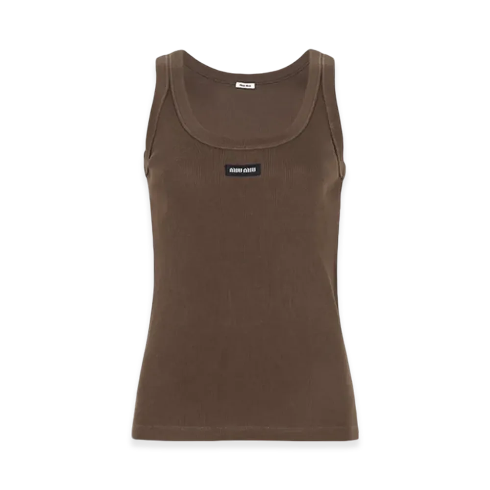 MIU MIU Women's Garment Dyed Ribbed Knit Jersey Top "Cocoa Brown"
