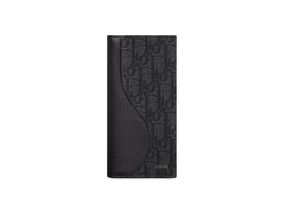 Dior Saddle Vertical Long Wallet Grained Calfskin Marquetry and Dior Oblique Jacquard "Black"