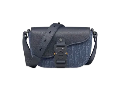 Dior Mini Saddle Messenger Bag with Flap Dior Oblique Jacquard Grained Calfskin "Navy Blue"