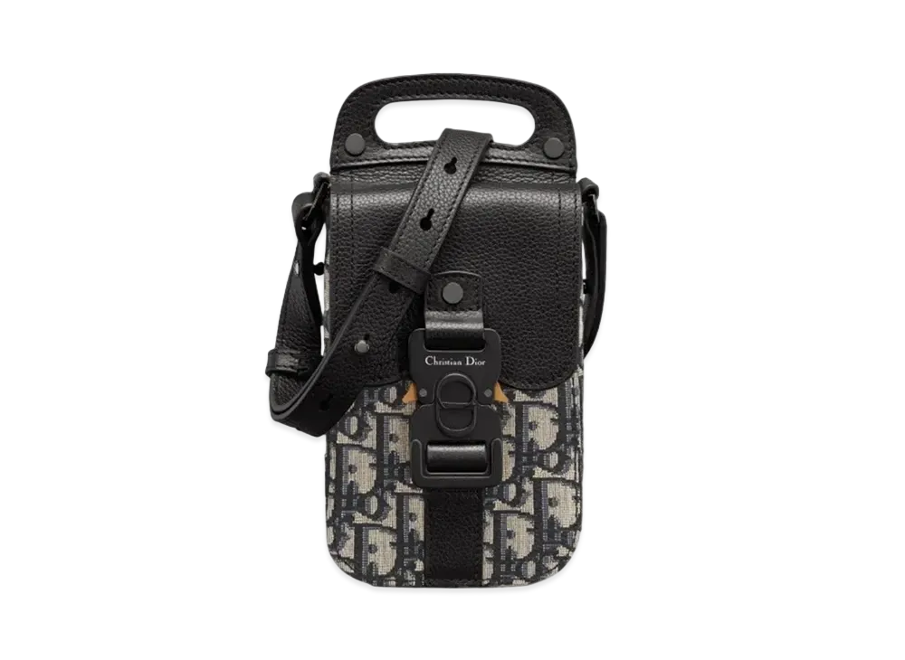 Dior Saddle Vertical Pouch Strap Dior Oblique Jacquard Black Grained Calfskin "Beige/Black"