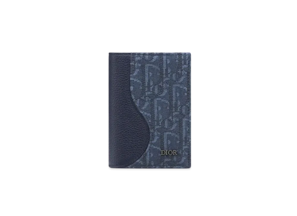 Dior Saddle Vertical Bifold Card Holder Grained Calfskin Marquetry and Dior Oblique Jacquard "Navy Blue"