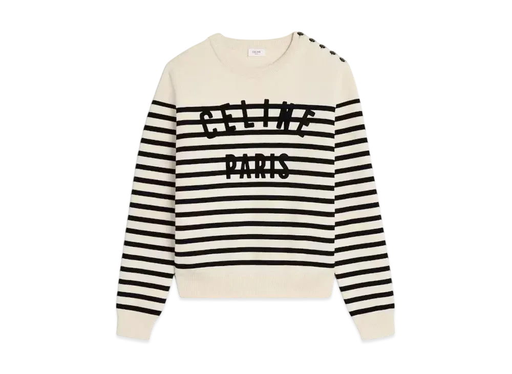 CELINE Men's Crew Neck Mariniere Sweater in Cotton "Off White/Black"