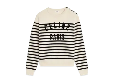 CELINE Men's Crew Neck Mariniere Sweater in Cotton "Off White/Black"