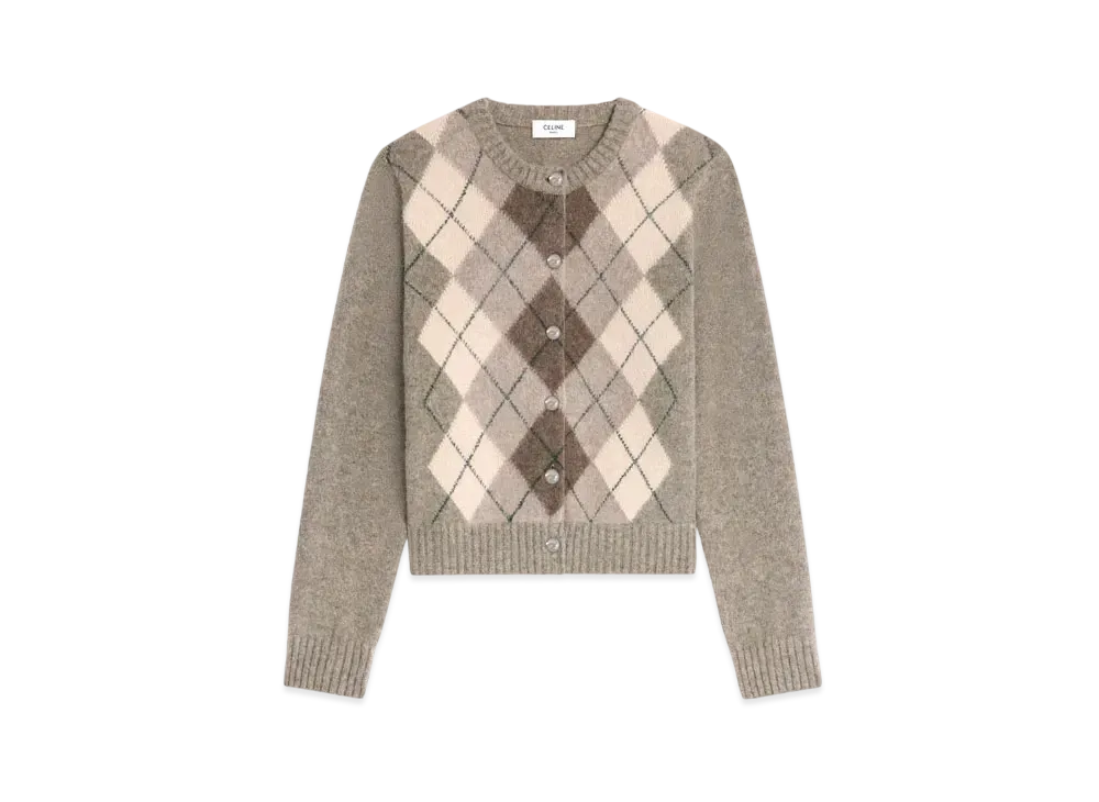 CELINE Cardigan In Argyle Alpaca Wool "Pebble"