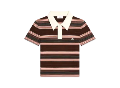CELINE Triomphe Cropped Polo Shirt In Striped Cotton "Ecru/Brown"