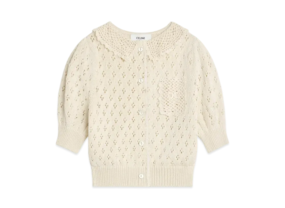 CELINE Women's Cropped Cardigan in Pointelle Cotton "Off White"